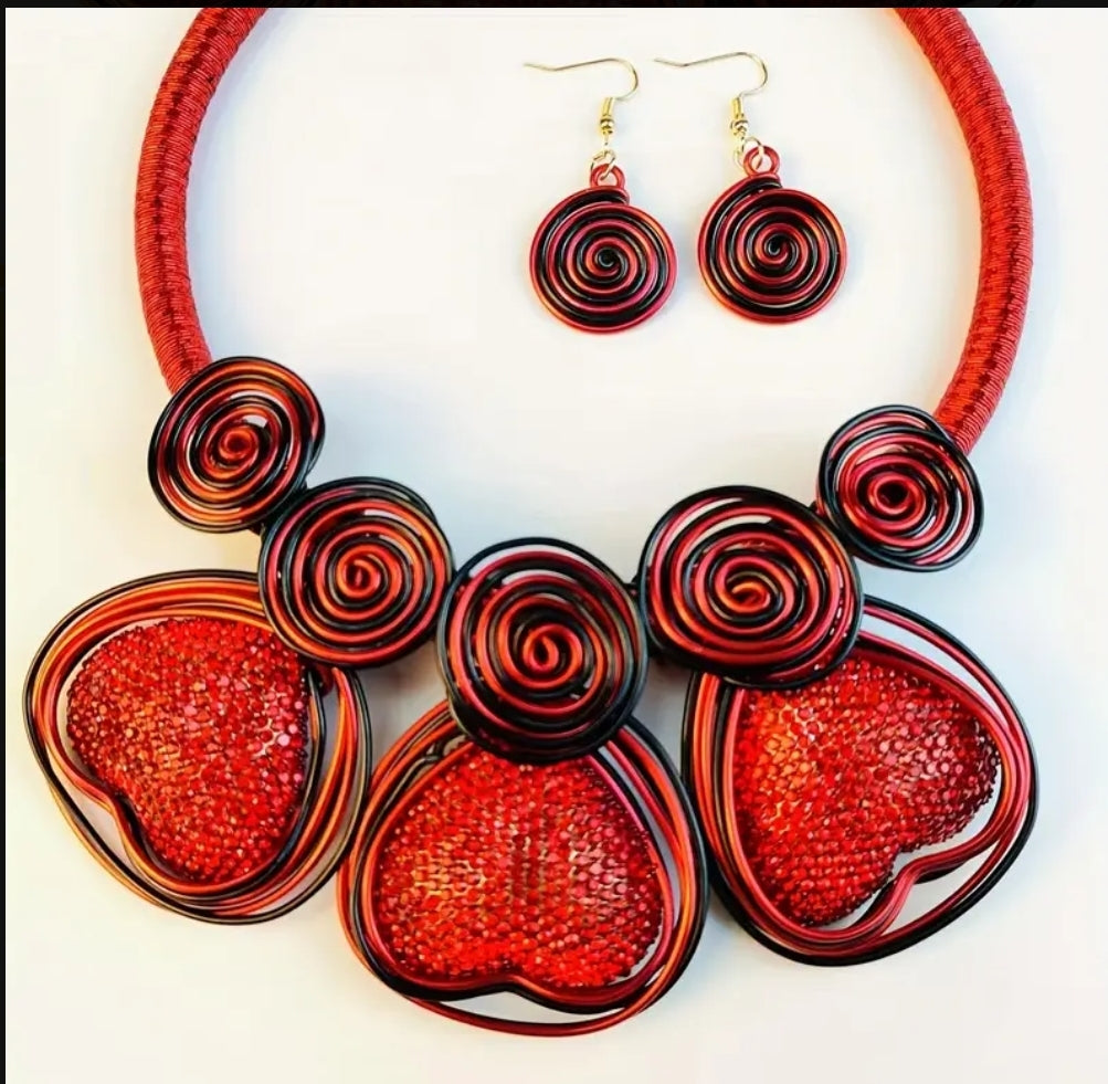 Earring + Necklace Boho Style Sparkling Heart Set