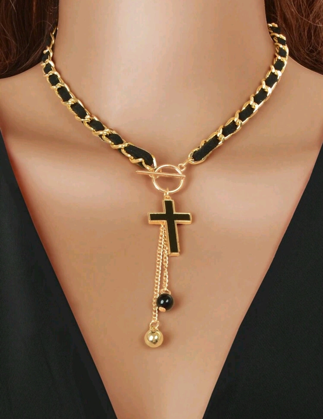 Gold/black toggle cross necklace