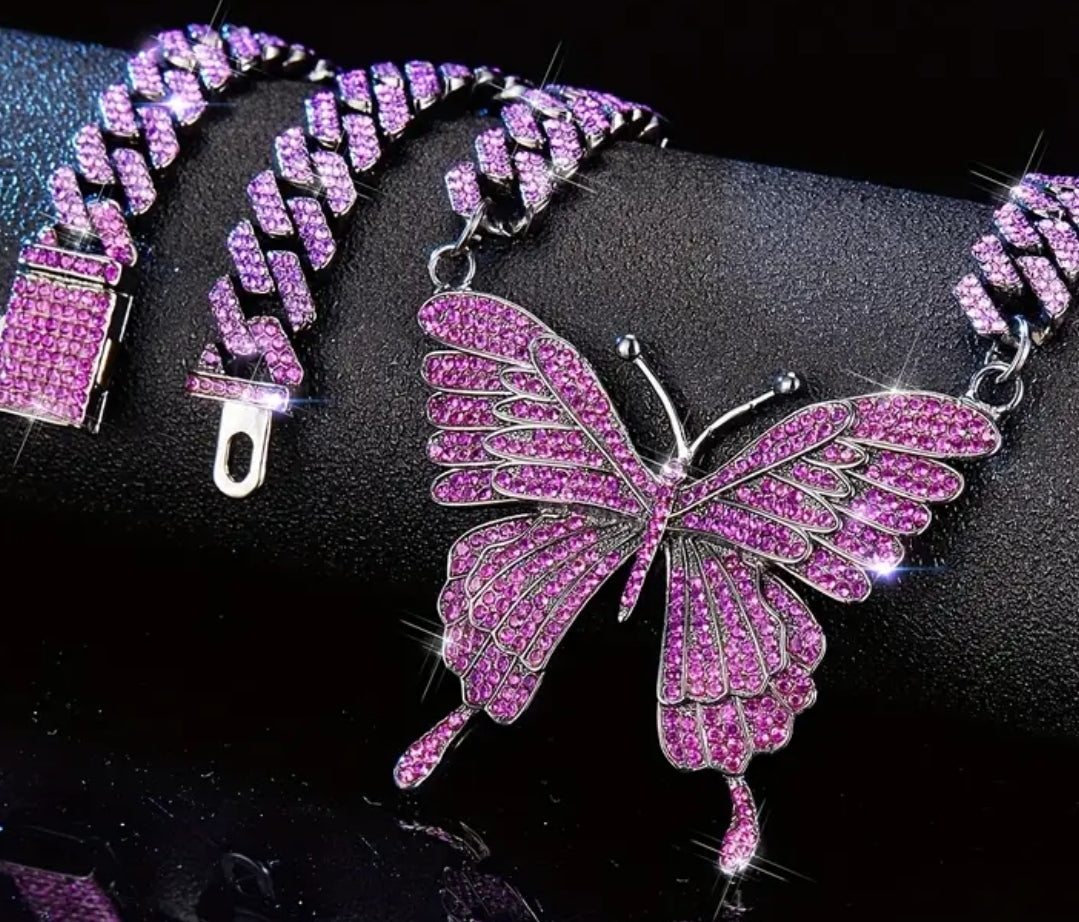 Cuban style rhinestone butterfly necklace