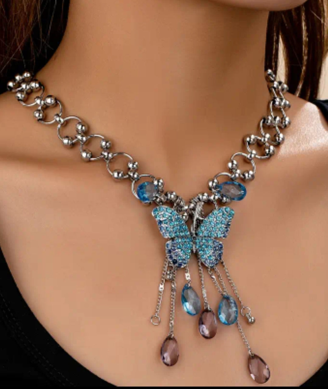 Blue butterfly choker necklace