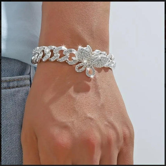 Luxury Sparkling Rhinestone Exaggerated Style Hip Hop Cuban Chain Butterfly Bracelet