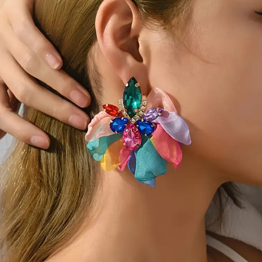 Exquisite Fabric Flower Shiny Zircon Decor Dangle Earrings