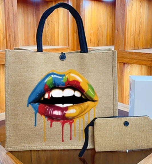 2 PC. LARGE CAPACITY TOTE BAG RAINBOW LIPS