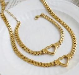 2 pc. Gold Heart Necklace & Bracelet Stainless Steel