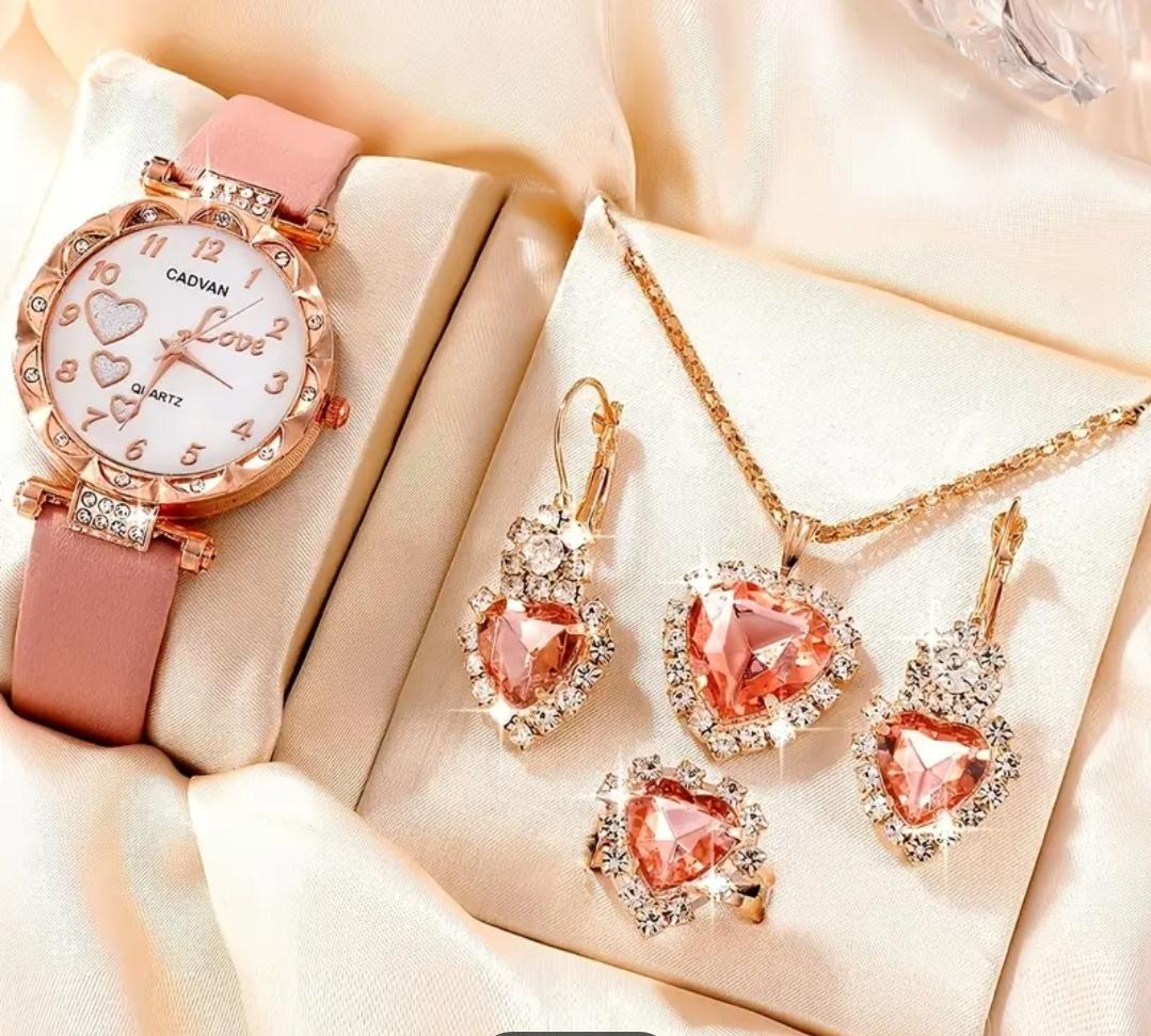 3pcs/set Women's Watch Cute Heart Quartz Watch Luxury Rhinestone Analog Wrist Watch & Jewelry Set