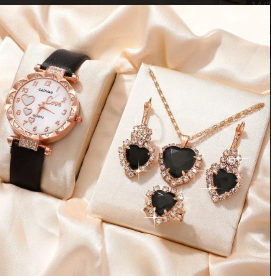 3pcs/set Women's Watch Cute Heart Quartz Watch Luxury Rhinestone Analog Wrist Watch & Jewelry set