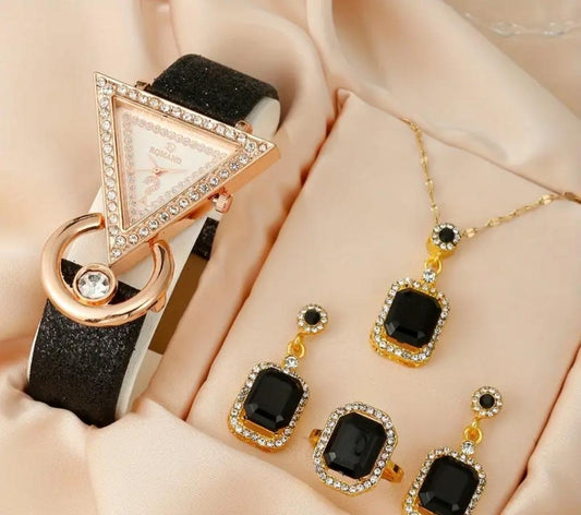 3pcs/set Women's Watch Triangle Pointer Quartz Watch Luxury Rhinestone Analog Wrist Watch & Jewelry Set