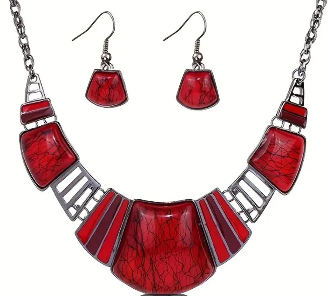 Boho Style Imitation Stone Resin Oil Dropping Necklace & Earrings Jewelry Set