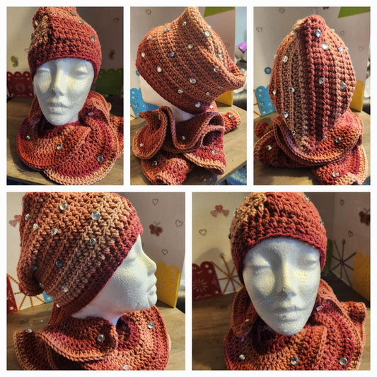 Bejeweled Hat + Ruffled Scarf Set