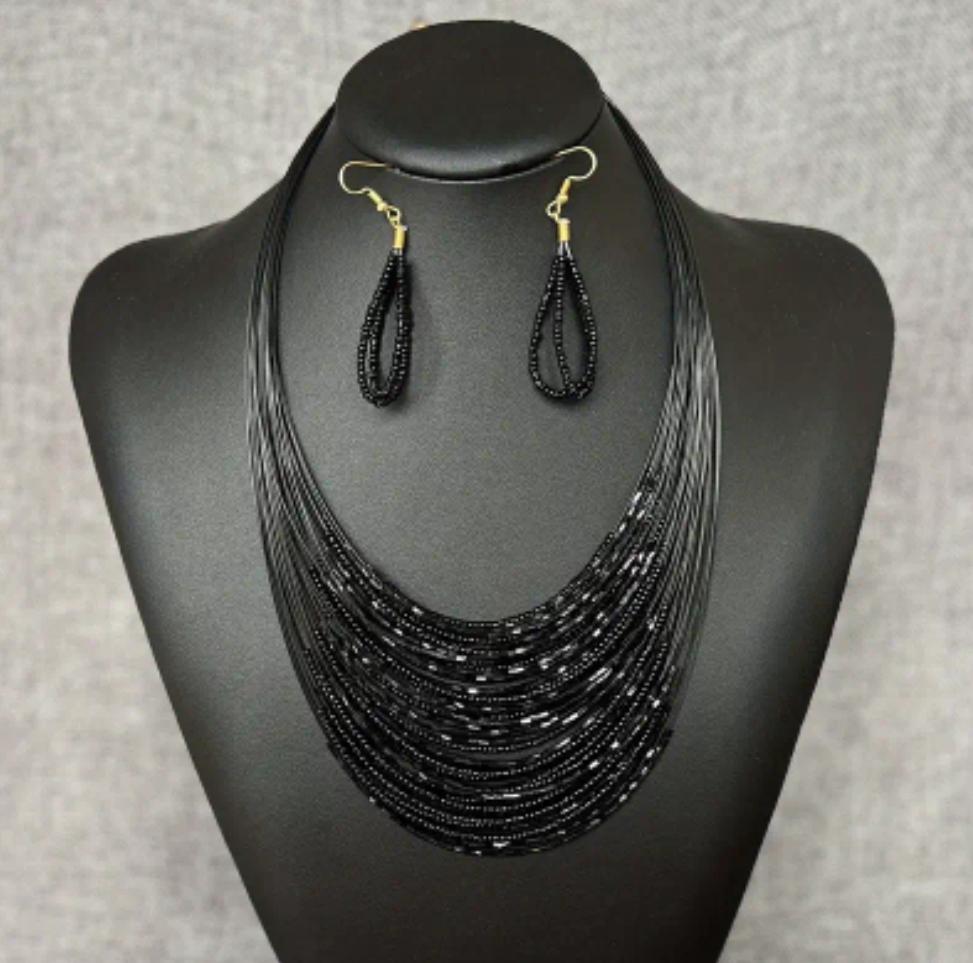 Black Beads Multi Layer Necklace