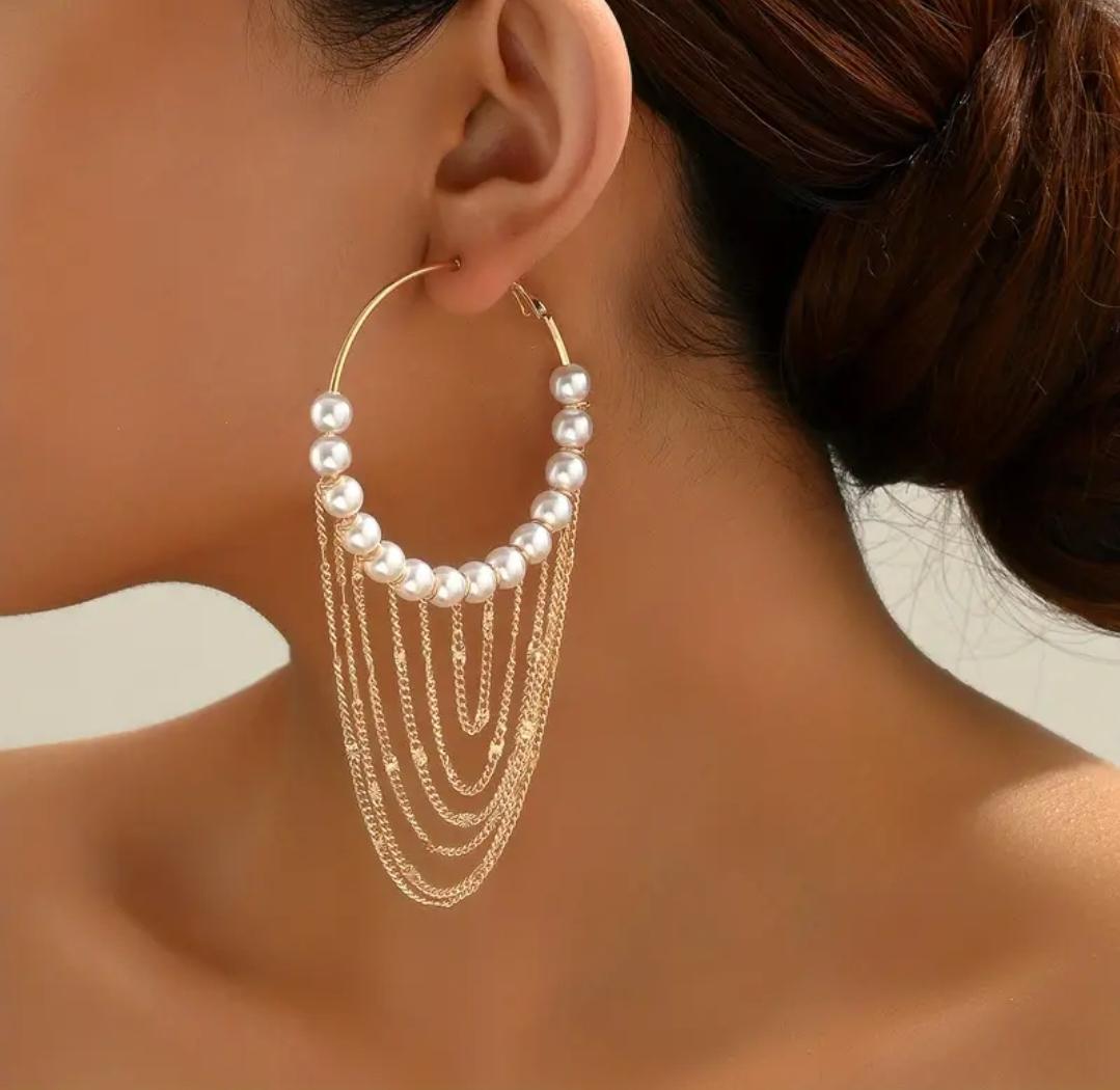 Chain Tassel Pendant Faux Pearl Decor Hoop Earrings