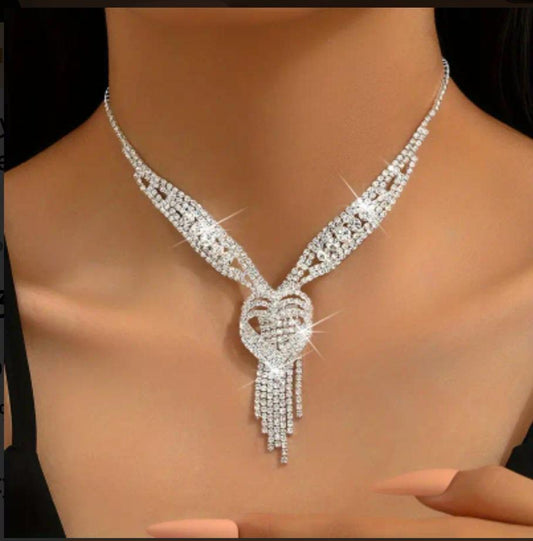 Crystal Rhinestone Heart Tassel Necklace