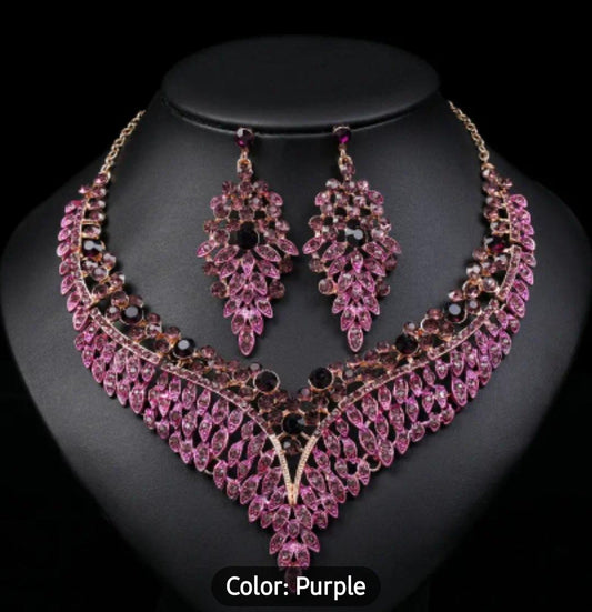 Earrings Plus Necklace Elegant Jewelry Set Inlaid Rhinestone Dainty Purple Flower Design