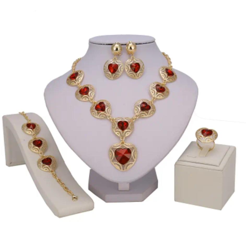 Earrings + Necklace + Bracelet + Ring Traditional Bridal Jewelry Set Trendy Heart Design