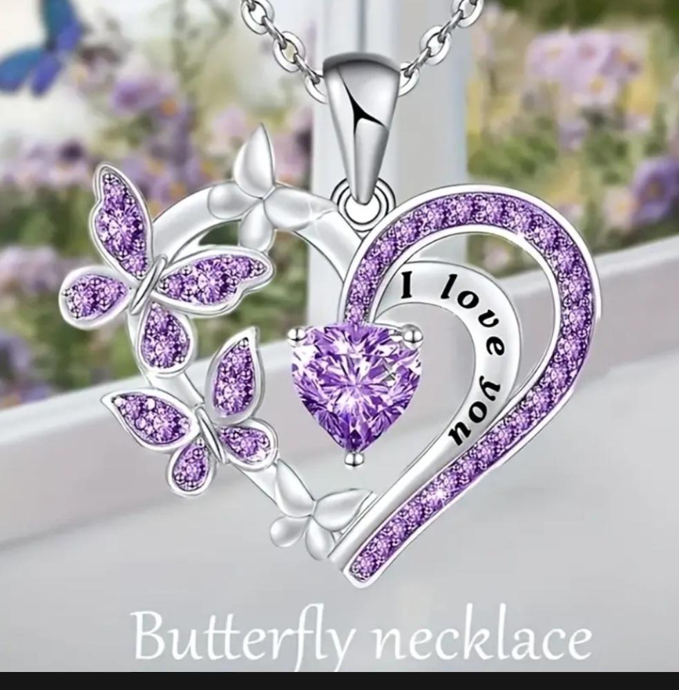 Elegant Glitter Purple Silver Heart Butterfly Pendant Necklace