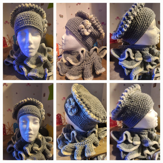 HAT AND SCARF RUFFLED SET GREY WITH FLOWER