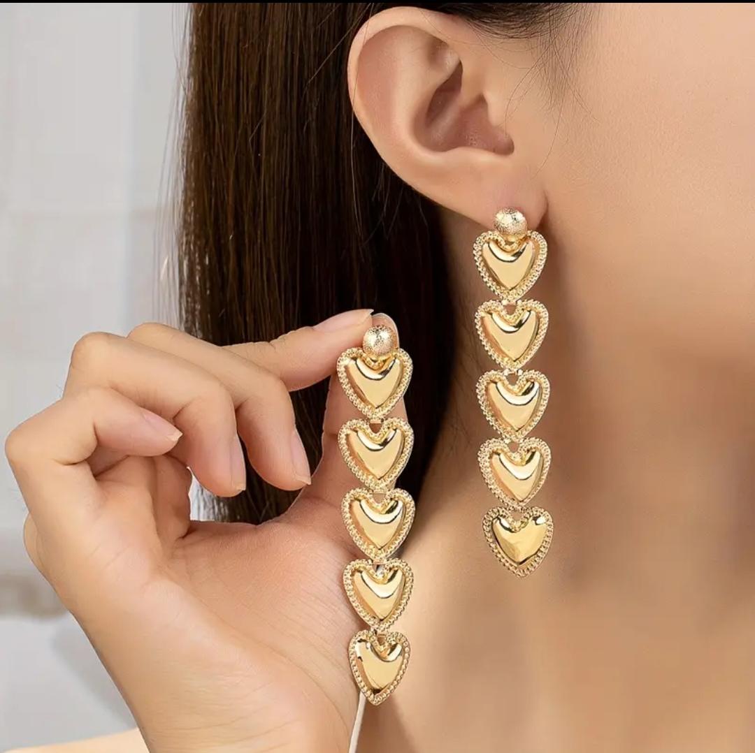 Golden Glossy Heart Design Long Dangle Earrings