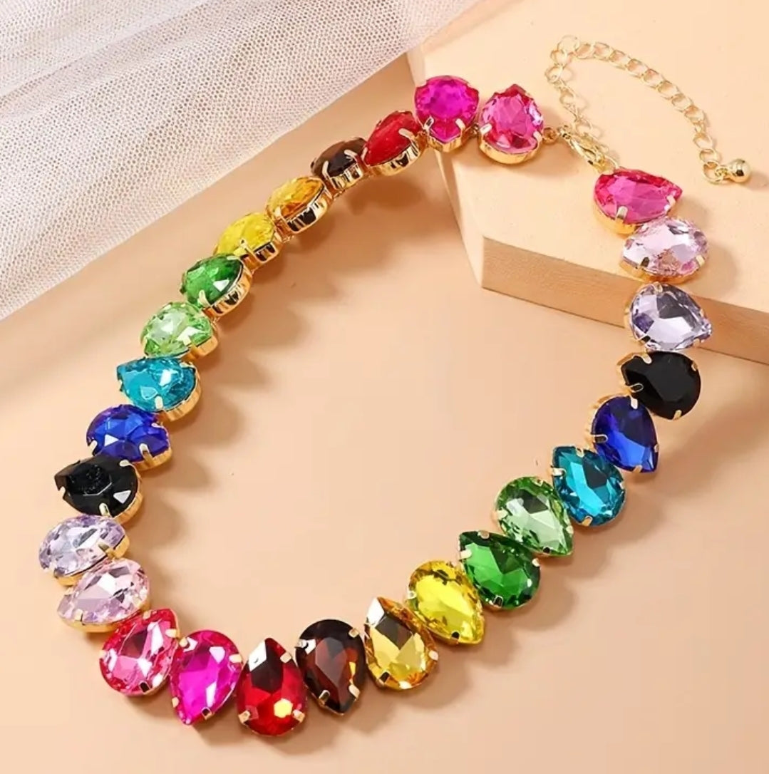 RETRO MULTICOLOR GLASS CLAVICLE NECKLACE