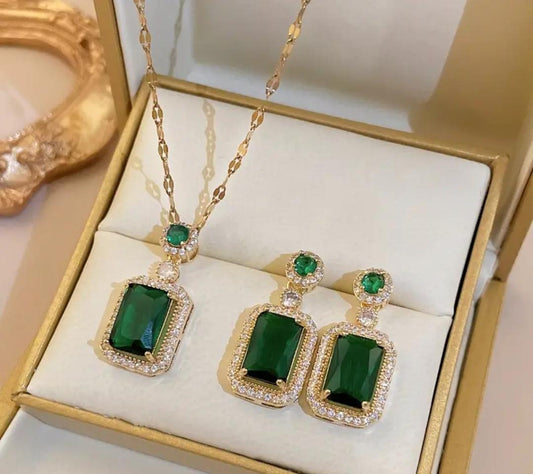 Rhinestone Pendant Necklace Stud Earrings Set Cubic Zirconia Green Jewelry