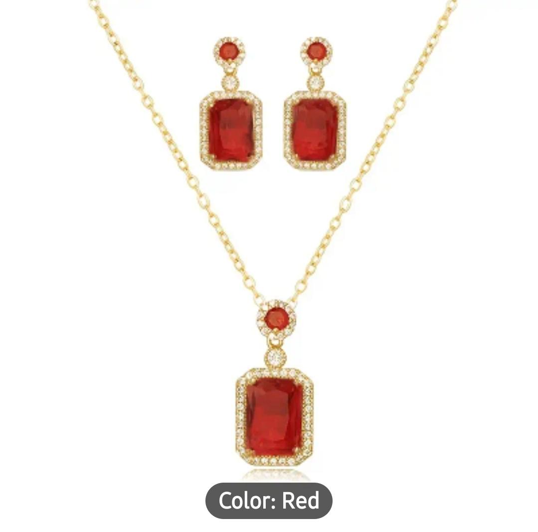 Rhinestone Pendant Necklace Stud Earrings Set Cubic Zirconia Red Jewelry Set