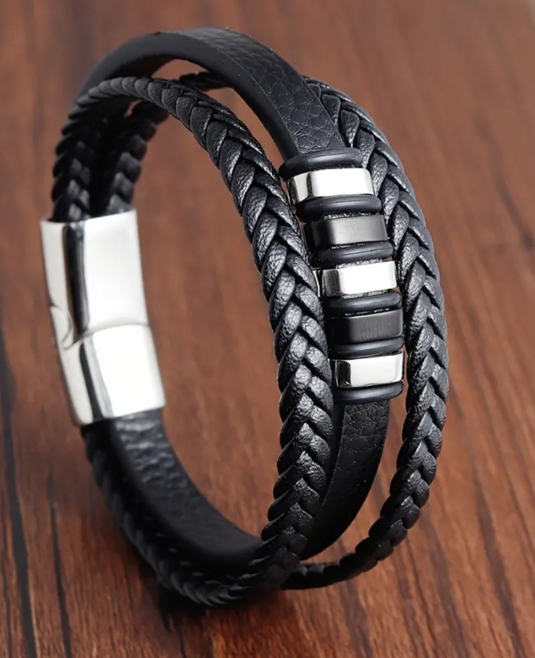 Men's black leather bracelet