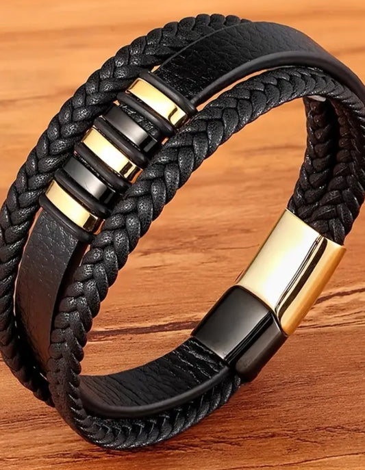 Men's black leather bracelet