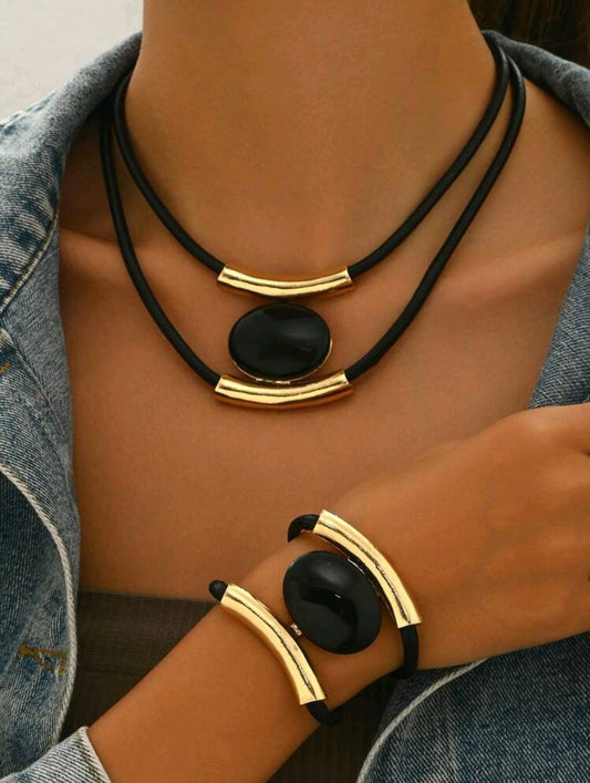 2 pc. Ellipse Acrylic  Black Lined Bracelet/Necklace