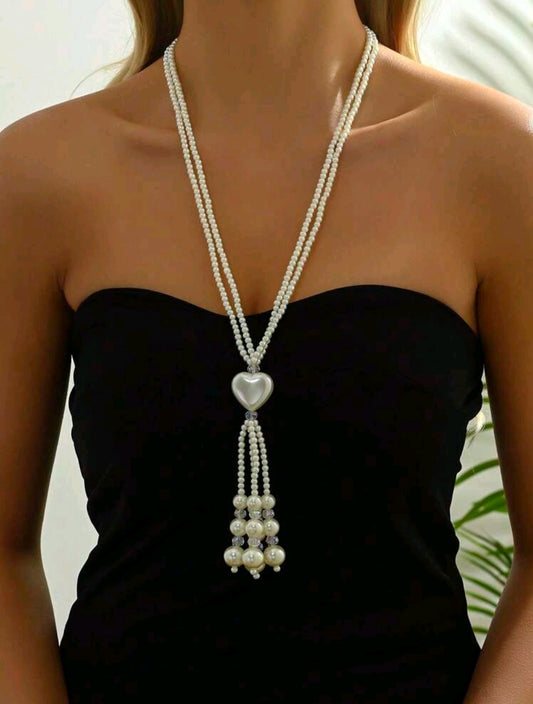 Pearl Heart Tassel Necklace