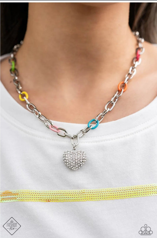 Colorful silver chain with rhinestone heart