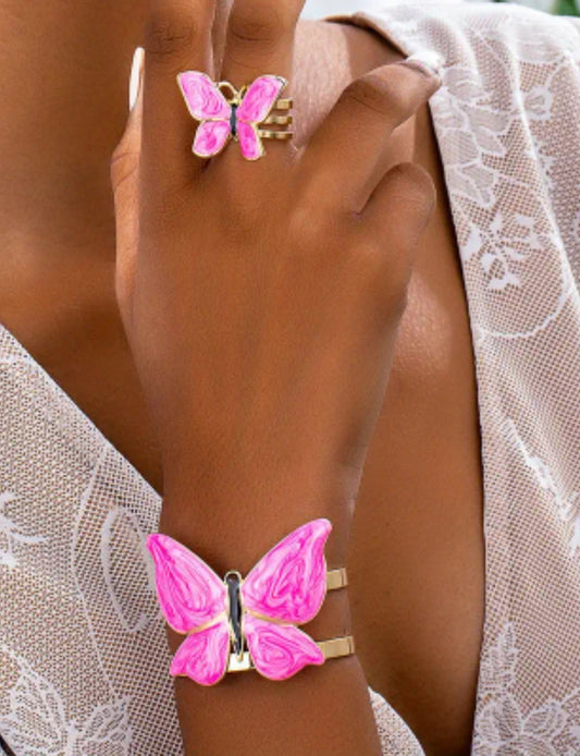 2 pc. Pink butterfly ring + cuff bracelet