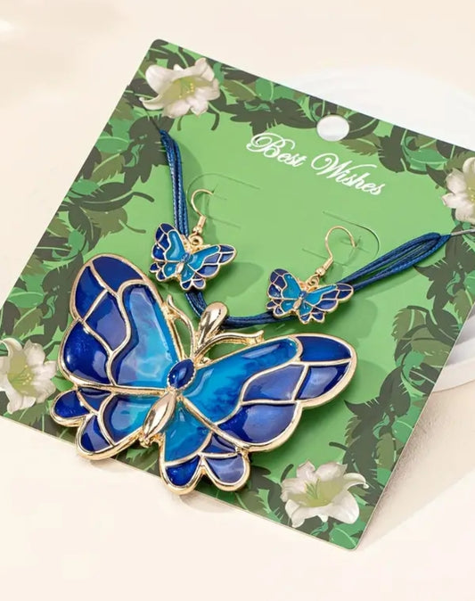 Blue butterfly pendant necklace set