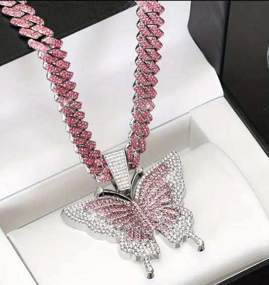 Cuban style rhinestone butterfly necklace