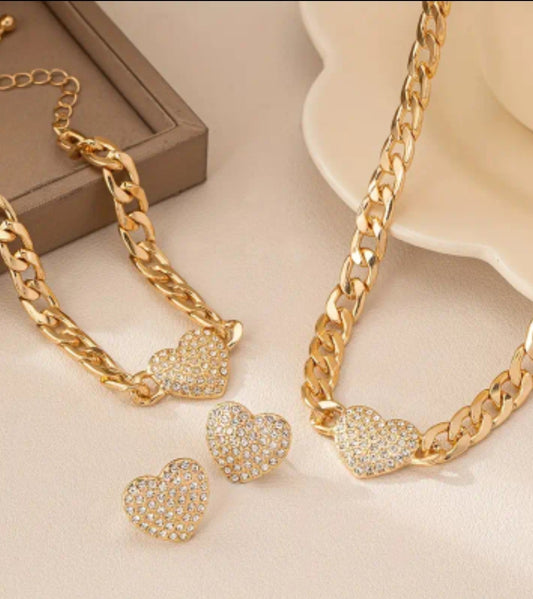 Heart shaped  gold + bling jewelry set