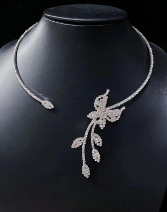 Silver plated rhinestone butterfly choker