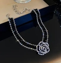 Black rhinestone flower choker