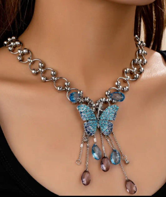 Blue butterfly choker necklace