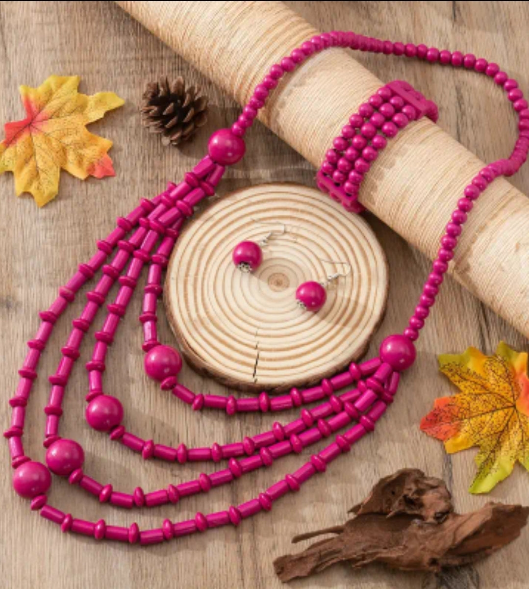 3PC. BOHO STYLE WOODEN NECKLACE SET