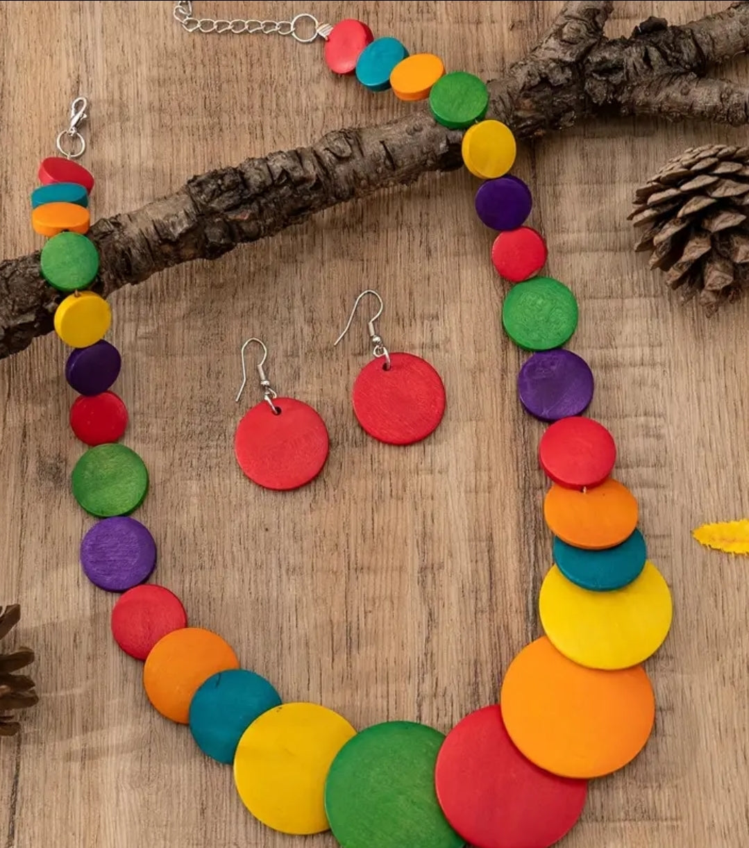 RAINBOW CIRCLE DISC WOODEN NECKLACE