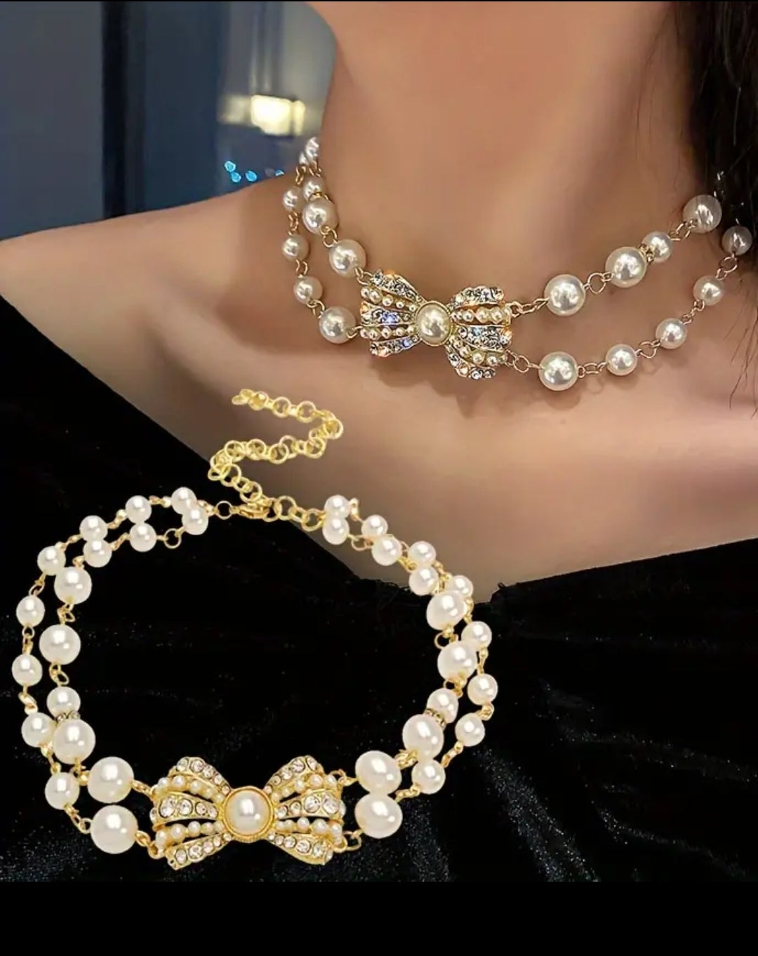 GOLD AND PEARL BOW CHOKER