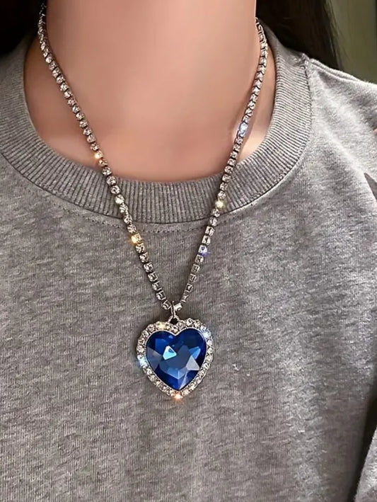 Blue heart and rhinestone pendant