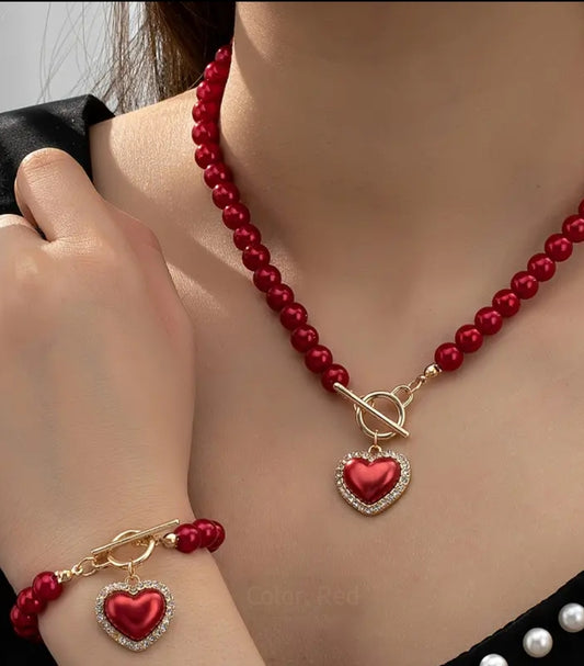 Red Imitation Pearl Necklace & Bracelet