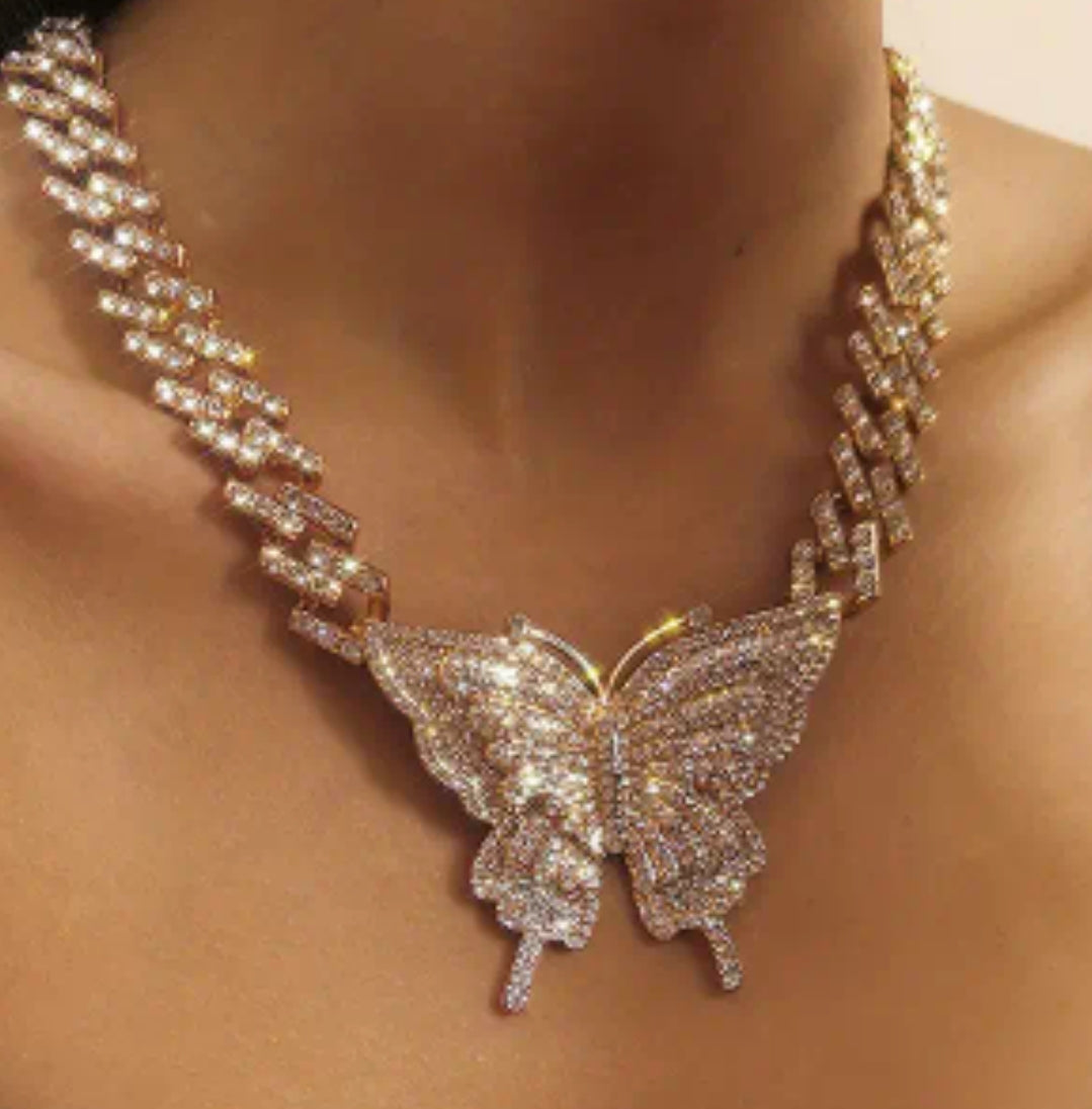 HIP HOP CUBAN STYLE GOLD RHINESTOE BUTTERFLY NECKLACE