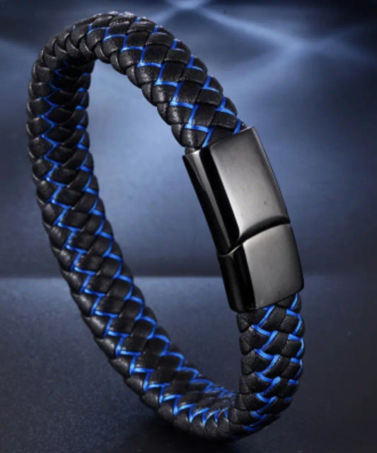 MEN'S BLUE AND BLACK LEATHER BRACELET