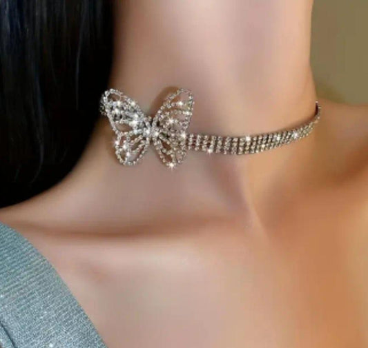 Silver Color Full of Rhinestones Butterly Choker