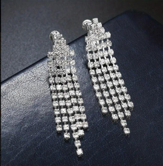 Silvery Long Pave Full Rhinestone Tassel Clip On Earrings