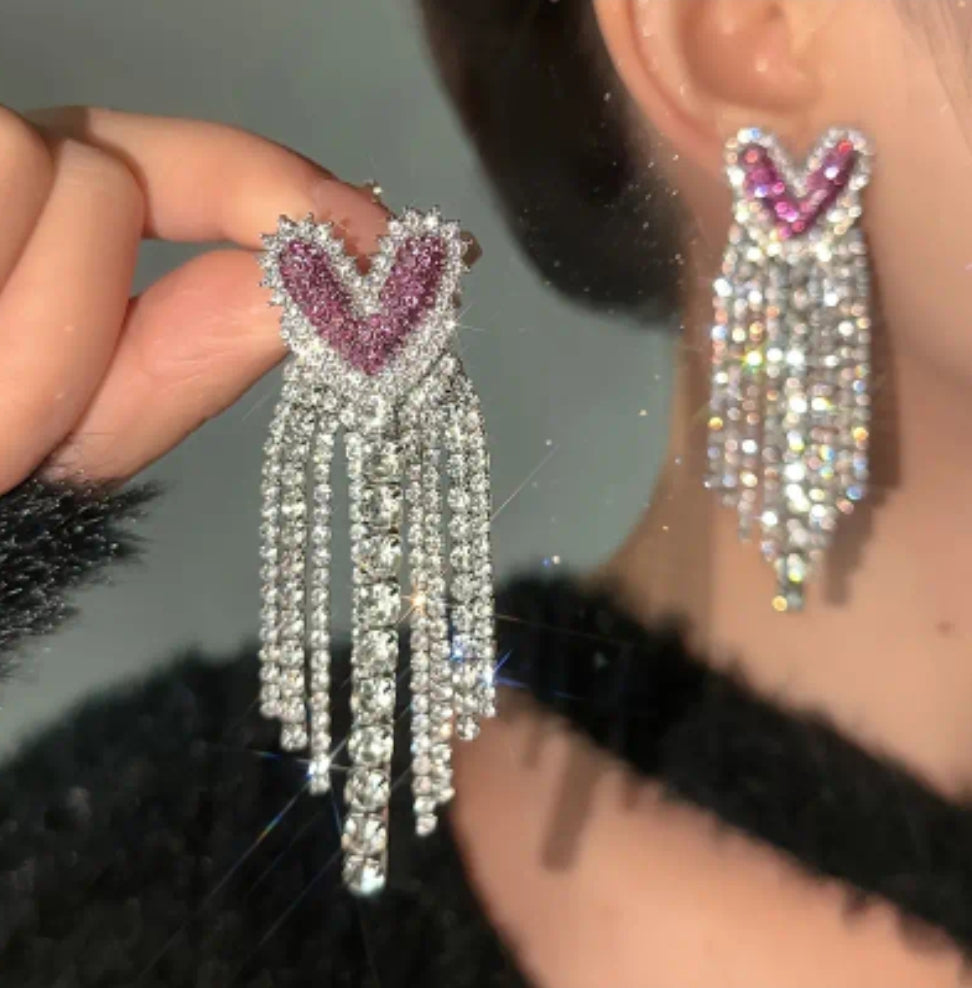 Heart Rhinestone Tassel Dangle Earrings