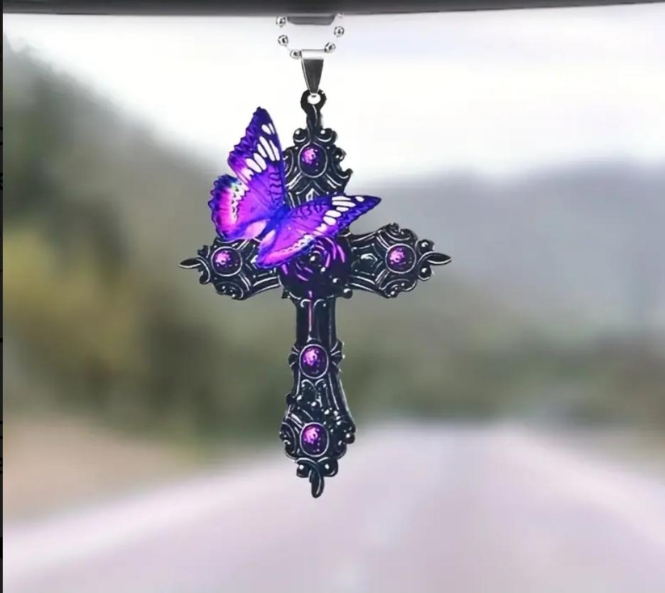 Purple Cross Butterfly, 2D Flat Acrylic Decoration Pendant, Rearview Mirror Decoration Pendant, Christmas Decors, Car, Bag, And Keychain Accessorys