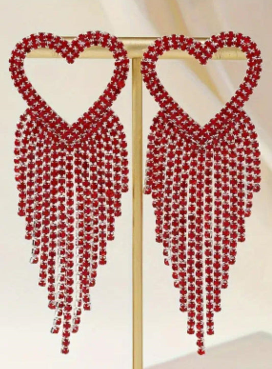 Red Bling Heart Tassel Earrings