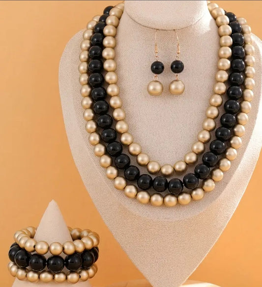 3 strand black and gold pearl necklace set