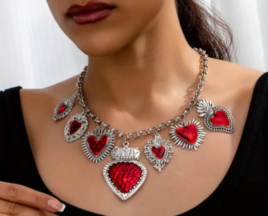 Red and silver heart charm necklace